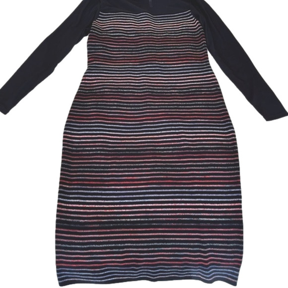 RACHEL Roy (XL) Striped Bodycon Midi Dress with Black Mesh Neckline & Arms - Picture 1 of 8